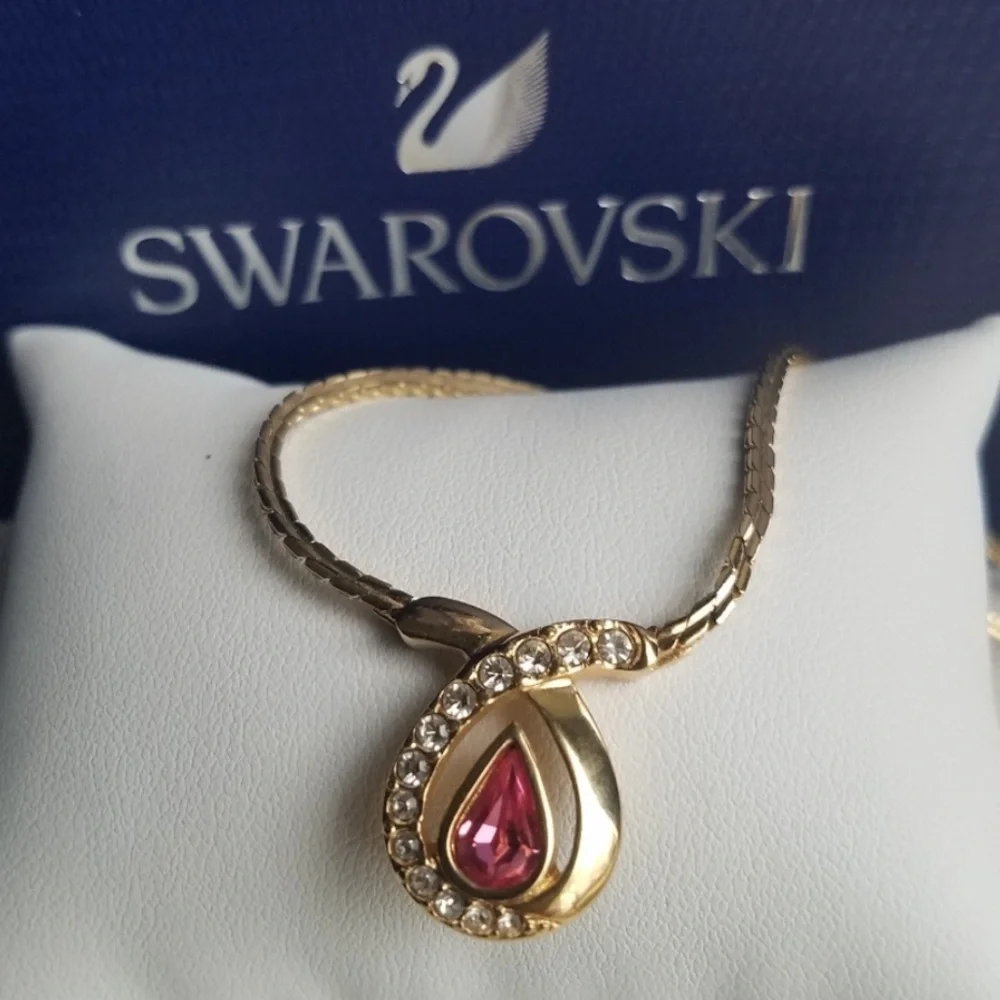 AUTHENTIC Swarovski 24k Gold Plated Pink Teardrop Necklace RARE